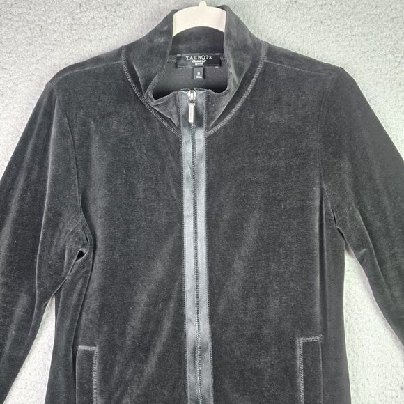 Talbots Petites Black Velvet Zip Jacket PM Stretch Machine Wash Classic Fit Soft - Picture 15 of 16